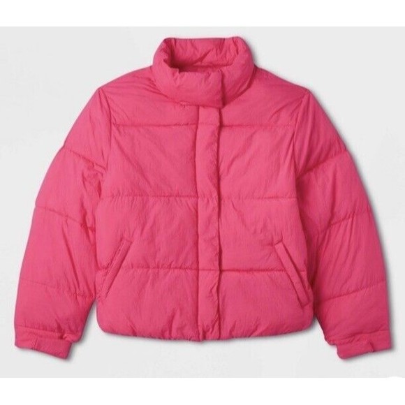 a new day Jackets & Blazers - NWT A New Day Pink Puffer Jacket Size Medium Stand Up Collar Snap Front Closure